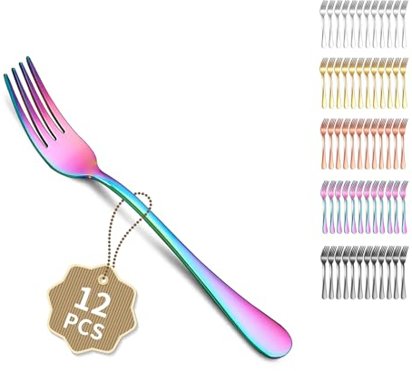 Berglander Arc-en-ciel fourchettes de table 12pcs de18cm, ensemble de fourchettes à dîner en acier inoxydable pour la maison, le restaurant, les repas quotidiens, facile à nettoyer et lavable