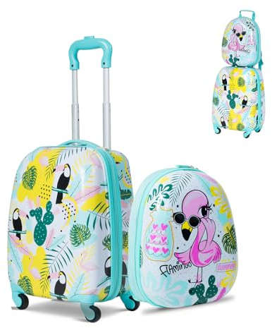 SOARS Kinderkoffer & Rucksack, Kindertrolley mit Rollen & verstellbarem Griff, Koffer Set, Kindergepäck, Reisekoffer Kinder Jungen & Mädchen, für Spielzeug, Kleidung (Flamingo, 12+16)