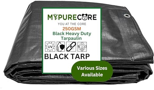 MYPURECORE Heavy Duty Waterproof Tarpaulin - Black Tarp for Outdoor Protection - Durable Groundsheet, Tent Shield, Trailer & Trampoline Cover - UV & Weatherproof Sheet for Camping & Garden (3m x 3m)