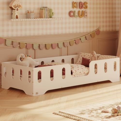 smartwood Bodenbett 60x120 cm mit Rausfallschutz, Holz, Weiß, TILA 2 | Montessori Kinderbett, Lattenrost belastbar bis 230 kg, FSC-Zertifikat, abgerundete Kanten, Einfache Montage, ab 3 Jahren