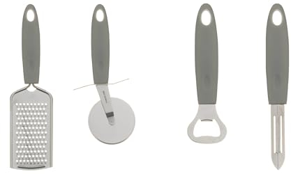 PaMeer® Stainless Steel Kitchen Tools Set - Stylish & Versatile Pizza Cutter, Cheese Grater, Peeler, & Bottle Opener - Comfortable Soft Handles, Modern Kitchen Accessories