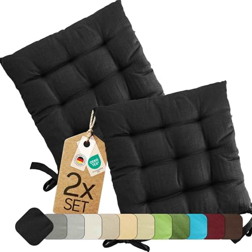 etérea Coussin de Chaise 40x40 cm Noir – Galette avec Liens, Mousse Indéformable, Intérieur & Extérieur, Lot de 2 pour Chaise de Jardin, Salle à Manger & Banc