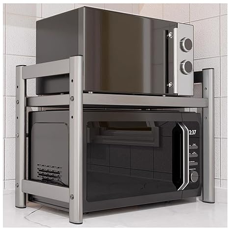 XYMJT Estante para Horno de microondas de 2 Niveles con 6 Ganchos, Soporte Resistente, Estante de Soporte para microondas de Acero Inoxidable Engrosado Ajustable, para Suministros de COC