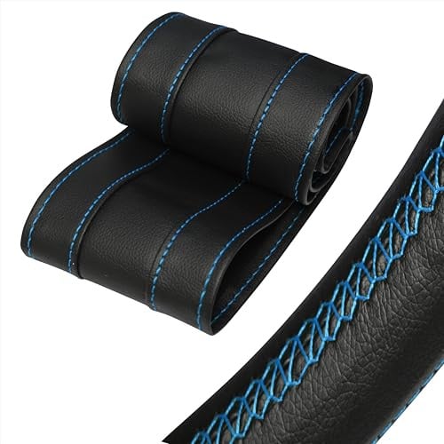 Lenkradbezug Pu Leder, Auto Lenkradhülle zum schnüren Nähen mit Nadel und Faden Spezial Sport Design M3 Schwarz Hellblaues Naht Universalgrösse 37-38 cm