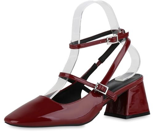 VAN HILL Damen Slingpumps Blockabsatz Lack Klassisch Schuhe 215352 Burgund Lack 36