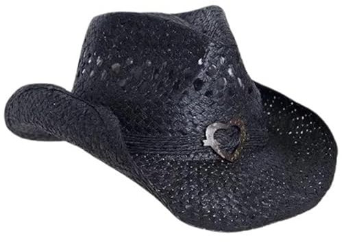 LAMDNL Cowboyhut für Erwachsene, Herzabzeichen, Stroh, gewebt, leichter Hut mit Rollkrempe, Outdoor-Reise, Damenhut, Teenager-Hut