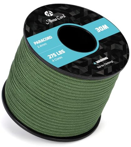 Abma Cord 30M Paracord 275 Cuerda de Nylon 2,4 mm Cuerda de Paracaídas 4 Hebras Cuerda para Exteriores Cuerda de Supervivencia Cuerda para Todo Uso - MAX. 125kg (275lbs) - Verde Bosque