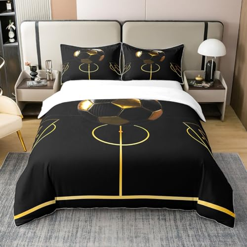 Loussiesd Fußball Bettwäsche Kinder Luxury Schwarz Golden Soccer Ball Bettwäsche Set 135x200cm 100% Baumwolle für Jungen Mädchen Fußball Sport Arena Bettbezug Set Breathable Betten Set