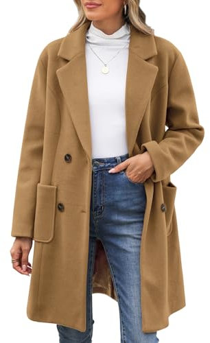 CMTOP Women's Coats Double Breasted Buttons Wool Blend Coat Lapel Collar Winter Pea Coat Mid-Length Overcoat Jackets Autumn Elegant Trench Coat Solid Womens Coats Warm Outerwear(Camel,M)