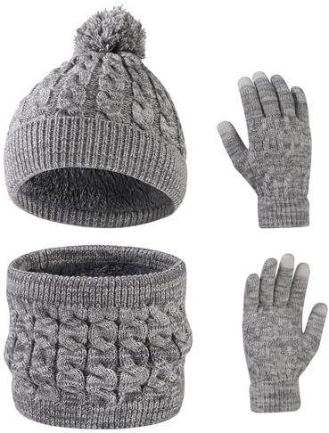 Waylipun Wintermütze Schal Handschuhe Set für Mädchen Jungen, 3 in 1 Warm Winte Strickmütze Kinder Mütze Set mit Plüsch Innenfutter für Kinder 3-10 Jahre (Grau-Mix)
