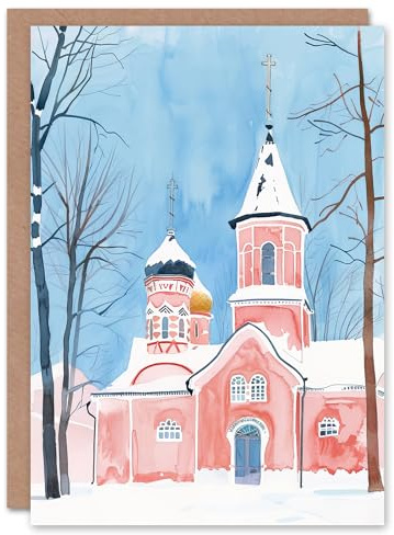 Artery8 Greeting Card Pink Orthodox Church Ukraine Soft Watercolour Blank For Him Or Her Art Birthday Card