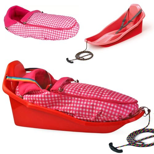 Schlitten Kinder mit Schlafsack | Baby Schlitten mit Rückenlehne, Sicherheitsgurt und Schnur mit Griff | Kinderschlitten für sicheren Winterspaß und unvergessliche Abfahrten im Schnee | Rot
