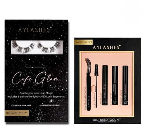 AYLASHES - DIY Wimpernextensions Starter Set CAFE GLAM | 6 Paar Wimpern, Applikator, Wimpernkleber, Top Coat Sealer schwarz, Lash Remover | Wimpern DIY Set für zu Hause | bis zu 7 Tage Halt