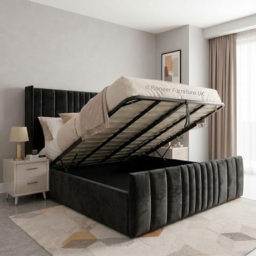 PioneerfurnitureUK Wing Panel bed Ottoman Storage Bed Gas Lift,Black Plush Velvet Upholstered Bed Frame - 4ft6 double ottoman bed frame black, black Wing 4ft6 double ottoman