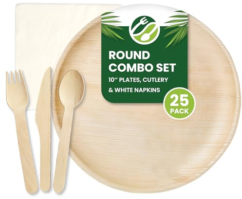 Eco Leaf 125pcs Disposable Palm Leaf Plates, Wooden Cutlery Set, White Napkins – 25 Large Round Plates, 25 Forks, Knives, and Spoons, 25 White Napkins – Eco-Friendly, Suitable for Parties
