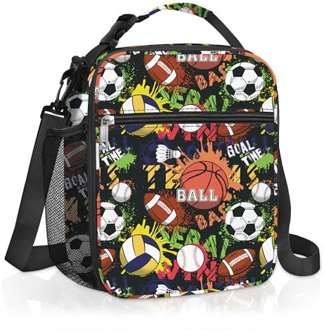 Clastyle Sport Ball Graffiti Insulated Kids Lunch Bag Large Thermal Cooler Bag for Boy Blue Picnic School Lunch Box Tote,Black Basketball