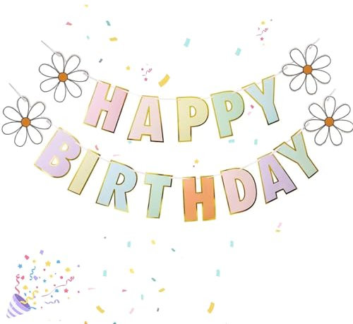 Colorful Macaron Happy Birthday Banner，Daisy Flower Bunting for Home or Garden Birthday Party Bunting, Candy Pastel Party Decoration Supplies