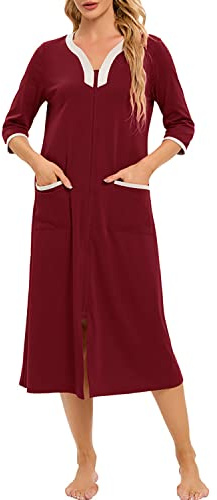 Citridarll Women's House Coat Zipper Front Robes Half Sleeve Bathrobe Full Length Soft Cotton Duster Coat with Pockets,Wine Red,XL