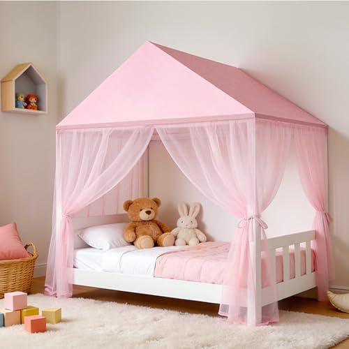 GFCC Rosa Hausbett Himmel für Dreieckigem Dach Hausbett–209x127x160cm | Prinzessinnen Betthimmel Hausbett für Mädchen Hausbett Deko Moskitonetz Baldachin für Kinderzimmer Deko