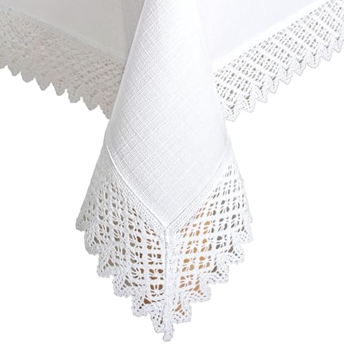 invitta Tischdecke mit Spitze 80x80 cm Mitteldecke Weiß in Leinenoptik mit 7cm Baumwollspitze - Baumwolle Polyester 230g/m² Schwere Qualität, Fleckschutz mit Lotuseffekt