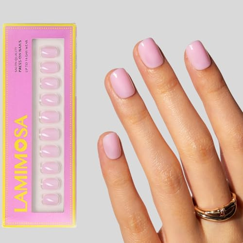 LAMIMOSA 32Pcs Press On Nails Extra Short Round - Jelly Pink False Nails with Glue, Semi-transparent Jelly Fake Nails kit in 16 Sizes, Reusable Petitie Stick on Nails, xs Glue On Nails, BABY PINK