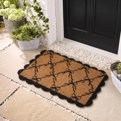 OHS Coir Door Mats Scallop Bow Print Welcome Mat, Brown/Black - 40 x 60cm | Stylish Front Door Mat Inside Outdoor Non-Slippery Heavy Duty Washable Door Mat Entrance Entryway Dirt Trapping Floor Mats