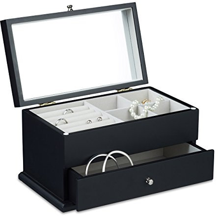Relaxdays Schmuckkästchen mit großem Spiegel HBT: 15,5 x 28 x 16,5 cm Schmuckschatulle mit Schubfach für Ketten und Uhren Schmuckbox mit 4 Fächern und 5 Ringkissen Aufbewahrungsbox aus Holz, schwarz
