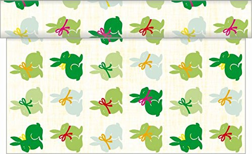 Sovie Home Tischläufer Ruby in Grün aus Linclass Airlaid, 40cm x 4,80m, 1 Stück, alle 30cm perforiert, niedliche Kaninchen mit Schleifen, frühlingshaft, hochwertig, Ideal für Ostern