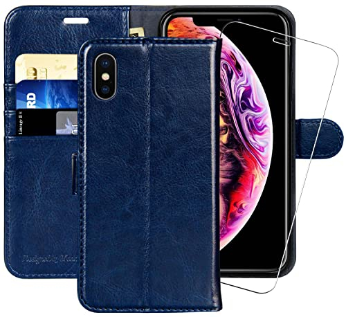 MONASAY Handyhülle Fit für iPhone X/XS Hülle 5.8 Zoll,[Schutzfolie][Kartenfach][Standfunktion][Magnet],Stoßfeste Schutzhülle,Premium Leder Flip Case,Blau