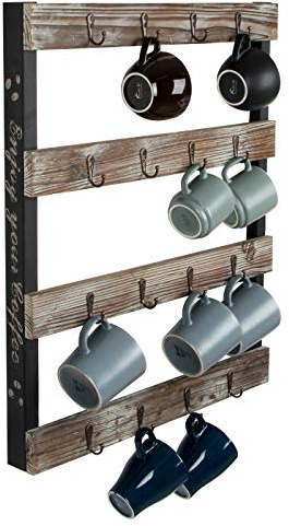 J JACKCUBE DESIGN MK519A Porte-tasses à café mural en bois rustique avec 16 crochets pour la maison, la cuisine, le rangement et la collection