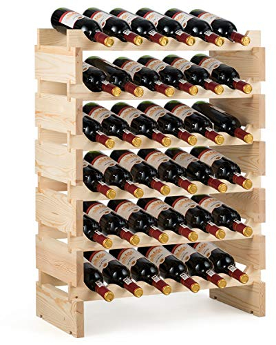 COSTWAY Casier à Bouteilles pour 36 Bouteilles, Étagère à Vin en Bois de Pin, Porte-Bouteilles à 6 Niveaux Modulable et Extensible, Range Bouteille Robustes pour Cave, Cuisine, Bars, Naturel