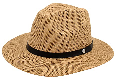 Sombrero Hombre Mujer de Paja de Papel, Gorros de Panamá de Verano UPF 50, Fedora para Playa y Sol de ala Ancha, Plegable y Ligera (Marrón, 56cm)