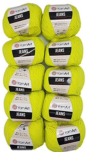 10 x 50g Strickwolle YarnArt Jeans einfarbig mit 55% Baumwolle, 500 Gramm Wolle uni (kiwi 58)