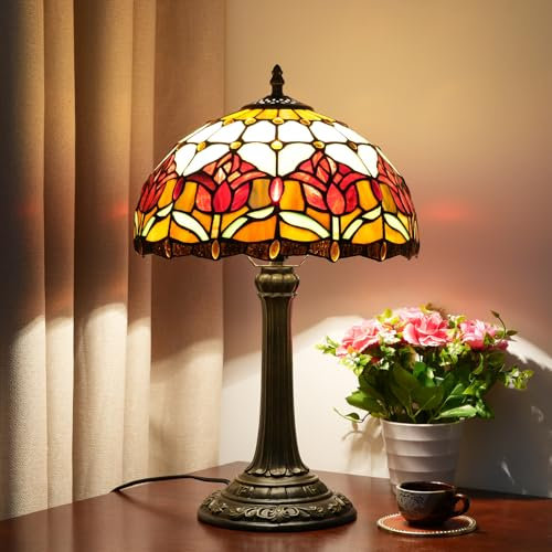 Blivuself Rote Tulpe Tiffany Stil Bunte Glas Tischlampe Bett Zimmer Nachttisch Leseschreibtisch Licht Für Living Büro Schlafsaal Bar Retro Nette Akzent Dekor 12 Dorf Geschenk Nachttisch Lampen