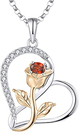 JO WISDOM Collier Cœur Argent 925/1000 Femme,Pendentif Rose Fleur avec 3A Oxyde de Zirconium avec Plaqué or Rose