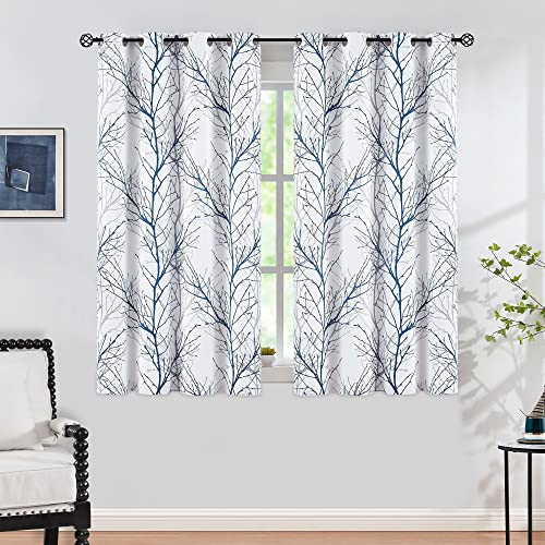 FMFUNCTEX Blau Grau Blickdichte Vorhänge für Wohnzimmer Gardinen mit Ösen Verdunkelungsvorhänge Baum Zweig Muster Ösenvorhang Thermovorhang für Schlafzimmer 2er Set, 175 x 129 cm (H x B)