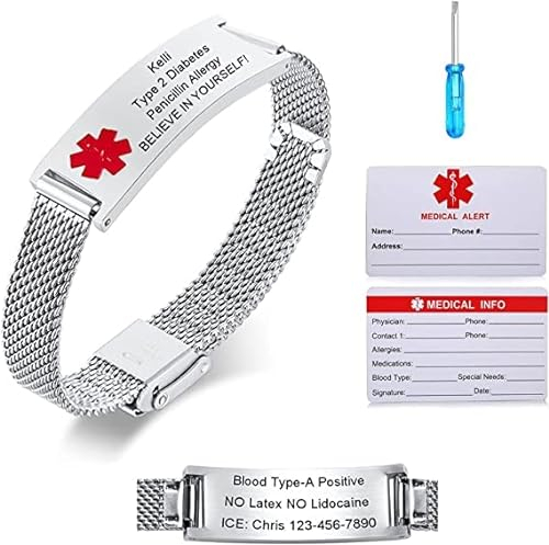 Notfallarmband Medizinisch Damen Personalisiert Uhrenarmband:VNOX Personalisiertes ID Armbänder mit Gravur Verstellbares Medizinischer Armband aus Edelstahl Männer,Silber Rot