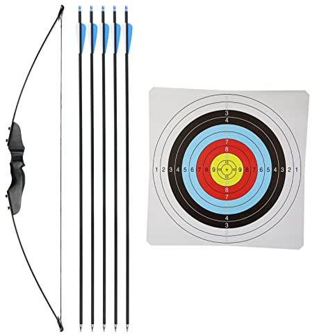 BSW-Flitzebogen Super Sport Recurvebogen Set für Einsteiger - Kinder Jugendbogen mit Pfeil und Bogen, 5X Carbonpfeil, Köcher, Armschutz, Fingerschutz und 5X Zielscheibe