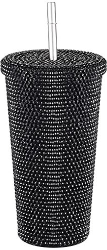 BestAlice Gobelet clouté bling diamant, 500 ml avec couvercle et paille, bouteille d'eau à paillettes en acier inoxydable avec brosses à paille, gobelet scintillant, noir