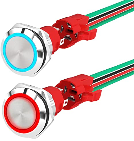 MKBKLLJY 2St. Einrastende Druckknopfschalter 12V 20A Heavy Duty DC 12V Wasserdichter Runder Schalter 19MM Metall Blau/Rot LED Ring Beleuchtet ON/Off Wetterfest für Auto LKW mit Drahtbuchse Stecker