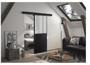 OPTIMUM Kit porte coulissante ATELIER noir + rail 2 amortisseurs + cache rail - 204 x 73 cm - verre dépoli