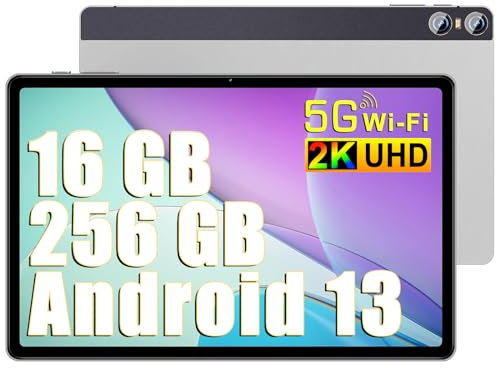 SEBBE Android 13 Tablet 11 Pollici Tablets,16GB RAM 256GB ROM (TF 1TB), 2K Schermi/8+20MP/2000 * 1200 Pixels/10000 mAh/Bluetooth5.0, Octa-Core 2.0GHz 5GWiFi Tablet con Custodia Protettiva - Argento