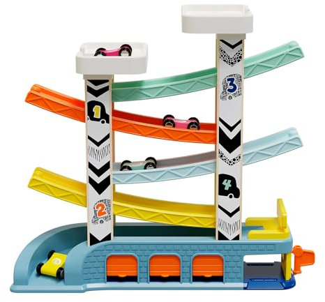 Topbright - 1210922022de0001 - Rennbahn-Autorutsche, Lernspiel, Autostrecke für Kinder 1-2 Jahre, Rennautobahn mit 4 Autos, Parkplatz und Garage, aus Holz, BPA-frei