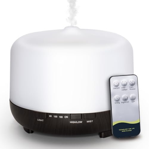 Aroma Diffuser 500ml Ultraschall Luftbefeuchter Diffusor für Ätherische Öle mit Fernbedienung 15 Farben Licht Modus 4 Timer Wasserlos Auto-Ausschalten, Luftbefeuchter Schlafzimmer für Zuhause Büro