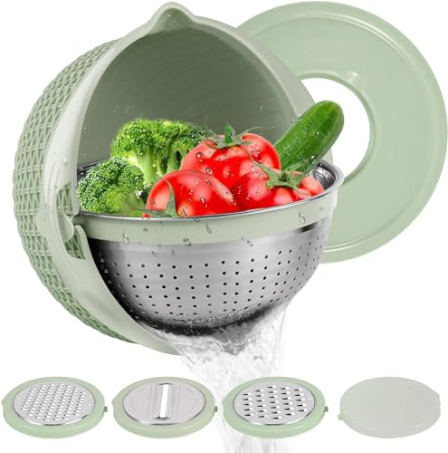 Pilipane Stainless Steel Colander with Plastic Mixing Bowl, Food Strainers with Grater Lid for Rice Vegetables Fruit, Pasta, Veggie Wash, Salad Spinner for Kitchen, Apartment Essential