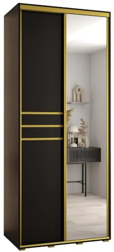 MEBLE KRYSPOL Davos 11 100 Schrank mit Zwei Schiebetüren für Schlafzimmer - Moderner Schrank mit Spiegel, Kleiderstange und Regalen - 235,2x100x45 cm - Schwarz Schwarz Gold