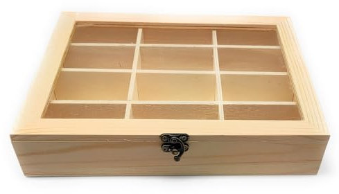 Acan Tradineur - Scatola in legno, 12 scomparti e coperchio in vetro, 25,8 x 19,8 x 5 cm, portagioie, scatola per gioielli, piccoli oggetti con finestra trasparente, modello casuale