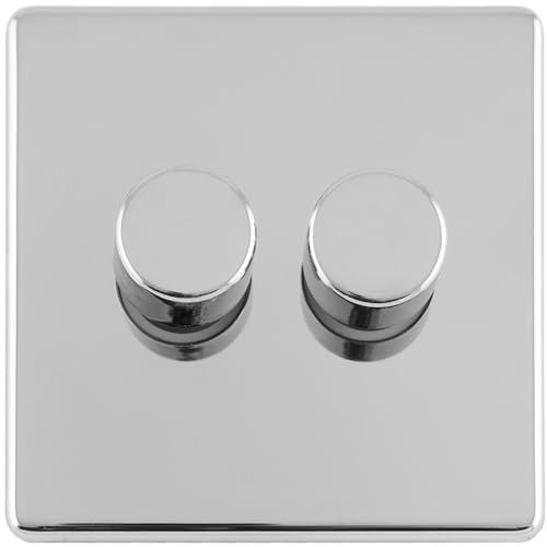 2 Gang Rotary Dimmer Switch 2 Way LED SCREWLESS Polished Chrome Light Dimming - Decorative Metal Wall Plate