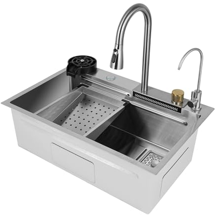 Fregadero de cocina, fregadero cascada con escurridor, grifos, tabla de cortar, lavadora de tazas, 4 modos de salida de agua, 68 x 45 x 21 cm