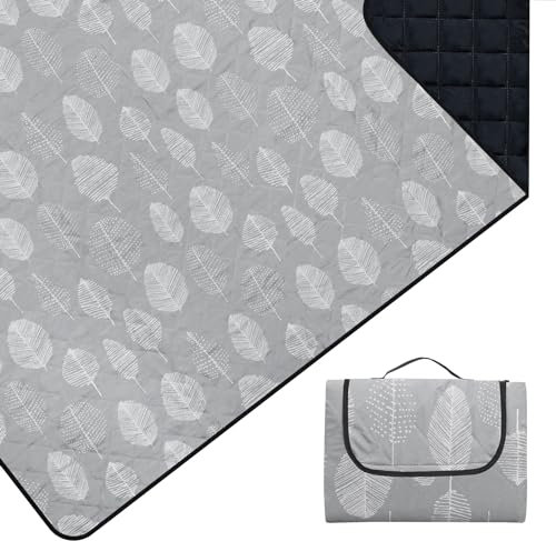 Outplea Picknickdecke Wasserdicht Faltbar, 200x200cm Tragbare Stranddecke Maschine Waschbar, Große Outdoor Decke für Camping Reisen Wandern, Graue Blätter